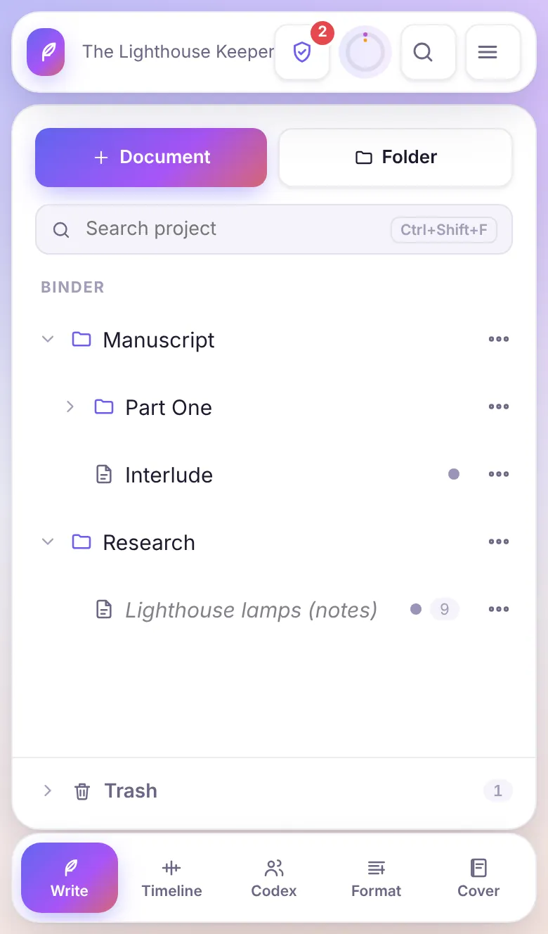 Phone layout: the binder with large rows and a menu button on each.