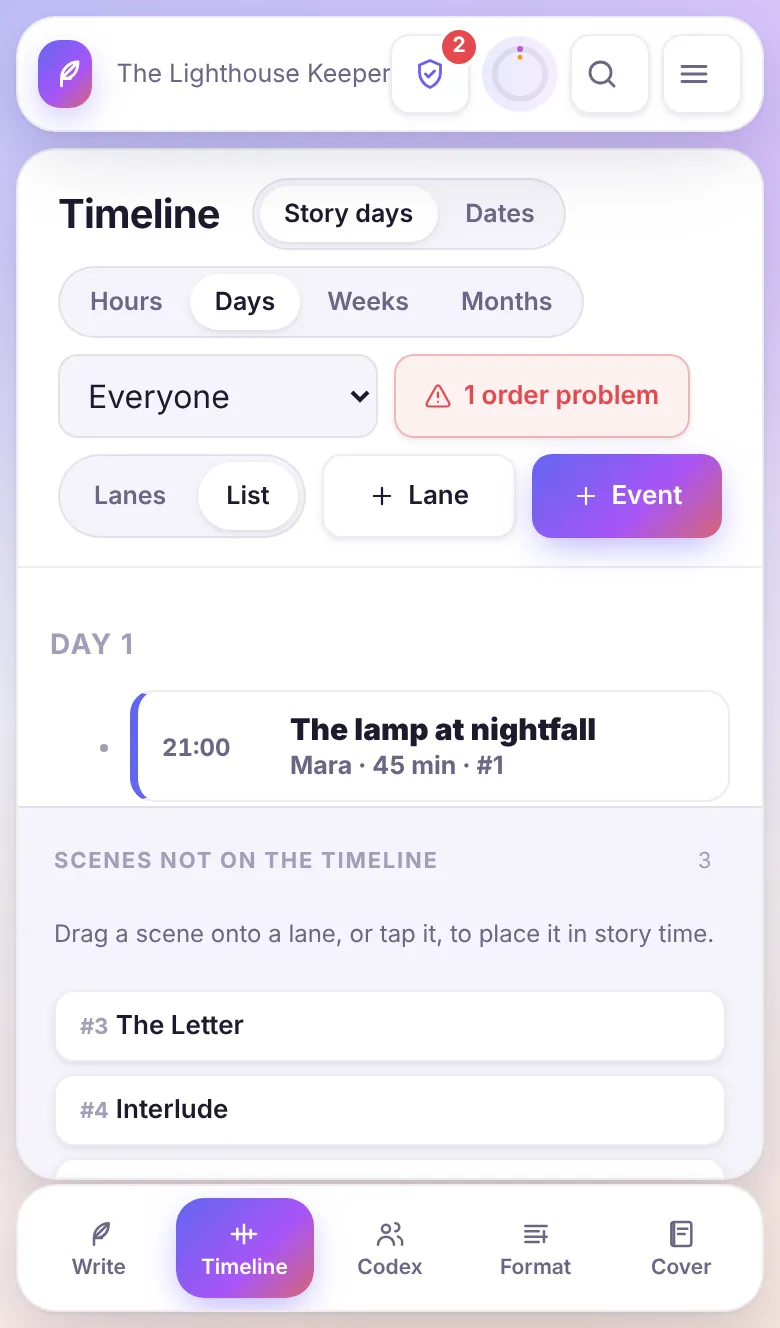 Phone layout: the timeline as a list of events grouped by day.