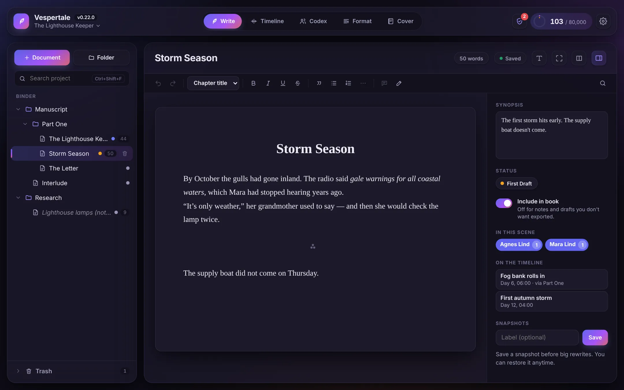The Write tab in dark mode, with the binder, the open scene and the inspector.