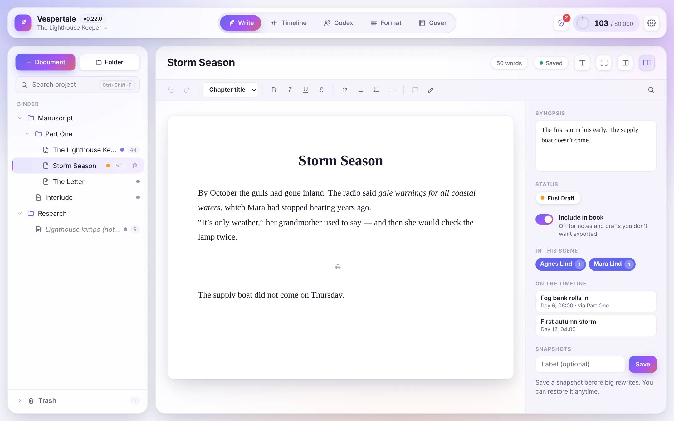The Write tab: the binder of chapters and scenes on the left, the scene Storm Season open in the editor, and the inspector with synopsis, status and timeline links on the right.